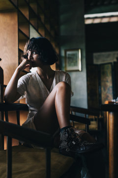 Cinematic Beauty Portrait of Young Fashionable Brunette Wearing