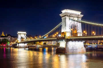 Chain Bridge over Danube river at night, Budapest, Hungary