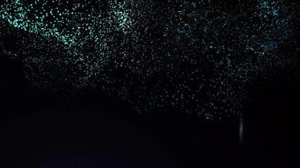 Glowing blue particles moving in the stream and disintegrating, bokeh effect. Blue particles on a black background.