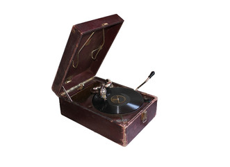 Old vintage music turntable in box isolated on white background. Spinning vinyl audio disc.