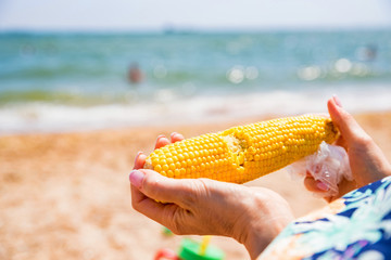 Hands hold boiled corn on sunny beach