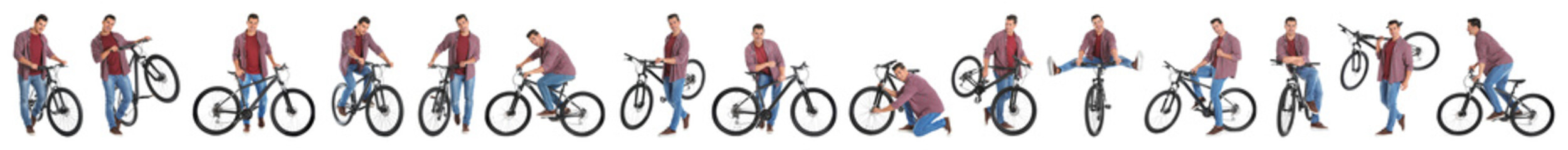 Collage of handsome young man with bicycle on white background. Banner design