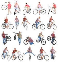 Collage of handsome young men with bicycles on white background