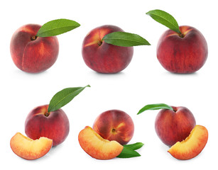 Set of fresh delicious juicy peaches on white background