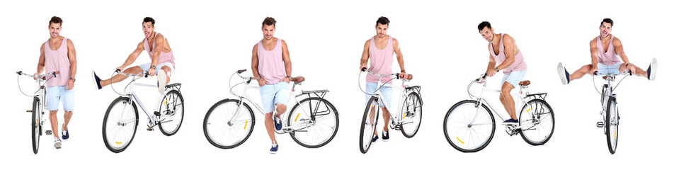 Obraz premium Collage of handsome young man with bicycle on white background