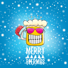 Merry beermas vector christmas greeting card with beer glass cartoon character and red santa hat isolated on blue sky background with snow. Vector funky christmas beer party poster design template