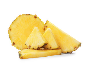 Slices of tasty juicy pineapple on white background