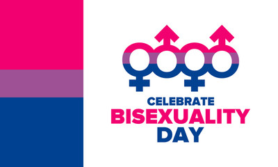 Celebrate Bisexuality Day. Bisexual Pride and Bi Visibility Day. Bisexual flag. Coming out. Celebrated annual in September 23. Festival and parade. Poster, card, banner, template, background. Vector