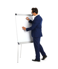 Professional business trainer near flip chart on white background