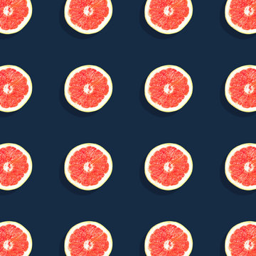 Pattern of 16 Grapefruits on Dark Navy Background