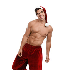 Sexy shirtless Santa Claus on white background