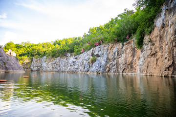 Lake and roks in Danzhou Stone Flower Caves, Geopark next to Haikou, Hainan, China