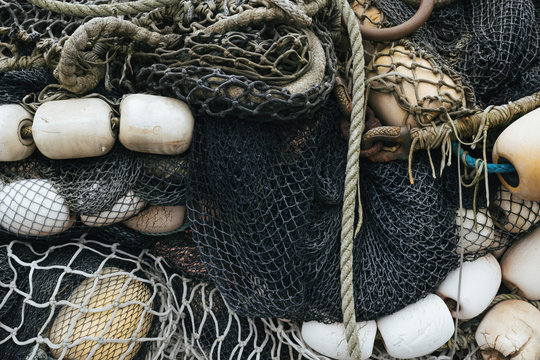 Pile of commercial fishing nets and ropes