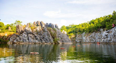 Lake and roks in Danzhou Stone Flower Caves, Geopark next to Haikou, Hainan, China