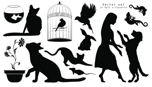 Vector set of pets isolated on white background.  Collection of Animals silhouettes for design use, cats, jumping dog, cage for birds,parrot, fish, lizards, rat, mouse, rabbit.