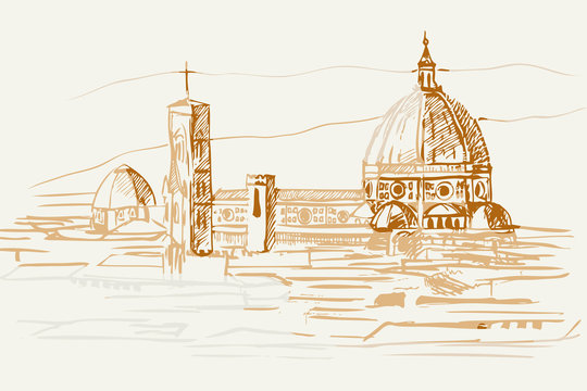 Rysynek ręcznie rysowany. Widok na renesasowe zabytki we Florencji we Włoszech