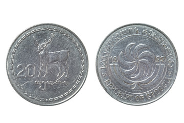 Bouth sides of the Georgian coin 20 tetri on a white background