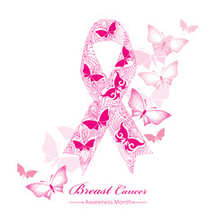 Lace pink ribbon isolated on the background with dotted butterflies. Breast Cancer Awareness Month symbol.