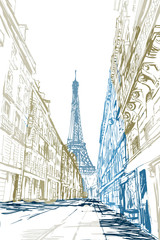 Rysynek ręcznie rysowany. Widok na modernistyczną ulicę w Paryży z widokiem na wieże Eiffla - obrazy, fototapety, plakaty