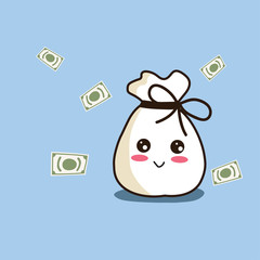 A cute money bag smiling on blue background