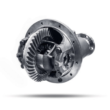 Differential rear axle of the car. Rear-wheel drive truck gearbox on isolated white background
