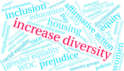 Increase Diversity word cloud on a white background. 