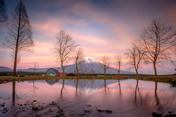 The beauty sky and Mountain Fuji with the reflection of the water in the time before sunrise.