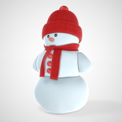 Snowman in red cap. 3d rendering illustration.