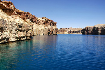 Band-e Amir lakes near Bamyan (Bamiyan) in Central Afghanistan. Band e Amir was the first national park in Afghanistan. This is the largest of the natural blue lakes at Band e Amir in the Hindu Kush.