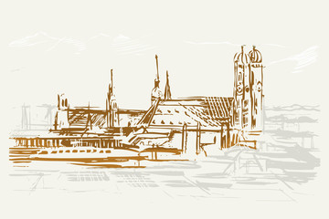 Rysynek ręcznie rysowany. Widok na historyczną dzielnicę w Monachium w Niemczech © Edwardkarczmarski