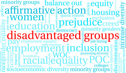 Disadvantaged Groups Word Cloud on a white background. 