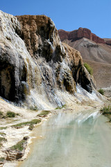 Band-e Amir lakes near Bamyan (Bamiyan) in Central Afghanistan. The lakes at Band e Amir national park are formed by travertine dams. Detail of a travertine wall from below at Band e Amir, Afghanistan