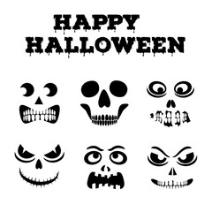 Collection of Halloween pumpkins carved faces silhouettes. Template with variety of eyes, mouths and noses for cut out jack o lantern. Funny zombie and skeleton monsters stencil set. Vector art