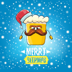 Merry beermas vector christmas greeting card with beer glass cartoon character and red santa hat isolated on blue sky background with snow. Vector funky christmas beer party poster design template