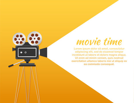 Lovely movie time concept layout with film projector and text area with sample title in retro western font. Vector illustration.