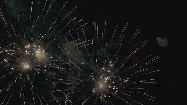 Colorful fireworks at holiday night in slow motion.