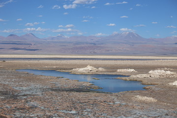 Blue water in the middle of a salt flat in Atacama, Chile. Wide valley with mountains in the background
