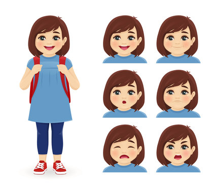 School girl with backpack emotions set isolated vector illustration