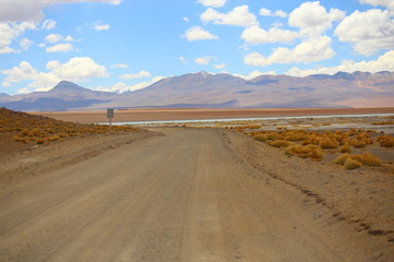 Valley in the Bolivia desert with a dusty road crossing the dried vegetation. Off road trail with 4x4 vehicles