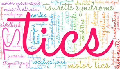 Tics with Tourette's Word Cloud on a white background. 