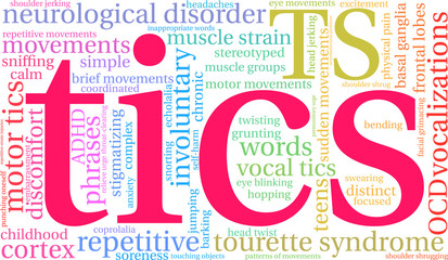 Tics with Tourette's Word Cloud on a white background. 