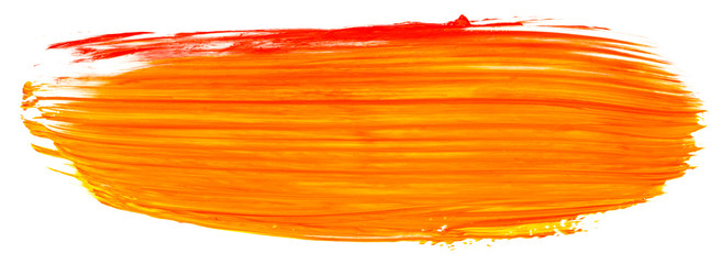 acrylic paint stain orange with a touch of yellow on a white background with a textured brush...