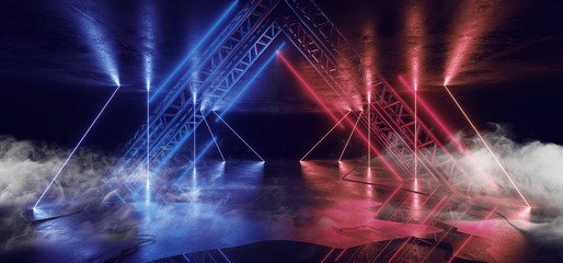 Smoke Sci Fi Neon Triangle Stage Glowing Lights Blue Red Laser Lines Cables Plugs studio Stage Show Night Retro Futuristic Modern Background Empty Concrete Grunge Virtual Dark 3D Rendering