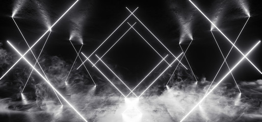 Smoke Smoke Sci Fi Neon Glowing Lights Laser Lines Cables Plugs Floor Lasers Studio Stage Show Night Retro Futuristic Modern Background Empty Concrete Grunge Virtual Dark 3D Rendering