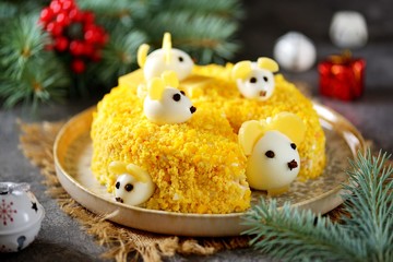 New Year 2020 - year of the white mouse. Cute salad - white mouse on the cheese.
