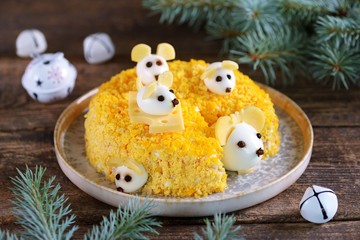New Year 2020 - year of the white mouse. Cute salad - white mouse on the cheese.