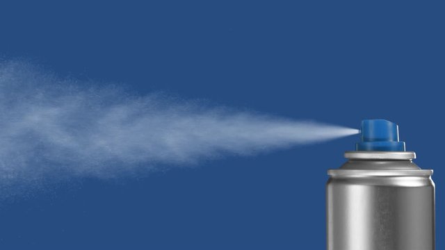 spray can on blue background sprays fountain of vaporized foam particles. stabilized locked shot at 60fps, color is a design and not a key color. Please choose black and alpha version for keying