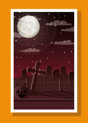 halloween season card with cemetery in dark night scene