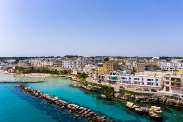 Aerial view of Otranto with Harbour and Castle, Lecce province, Salento peninsula, Puglia, Italy