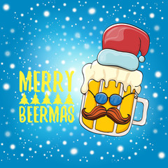 Merry beermas vector christmas greeting card with beer glass cartoon character and red santa hat isolated on blue sky background with snow. Vector funky christmas beer party poster design template